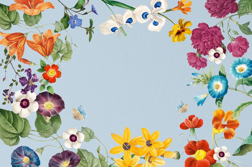 Aesthetic floral frame blue background, editable vintage illustration by Pierre Joseph Redouté. Remixed by rawpixel.