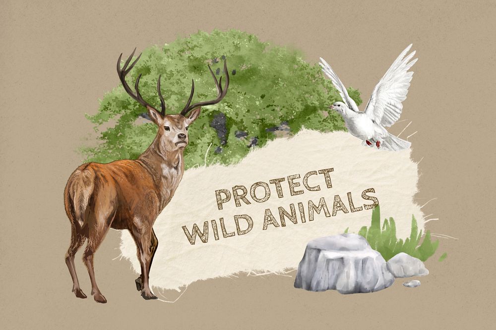 Protect wild animals ripped paper, editable deer collage design