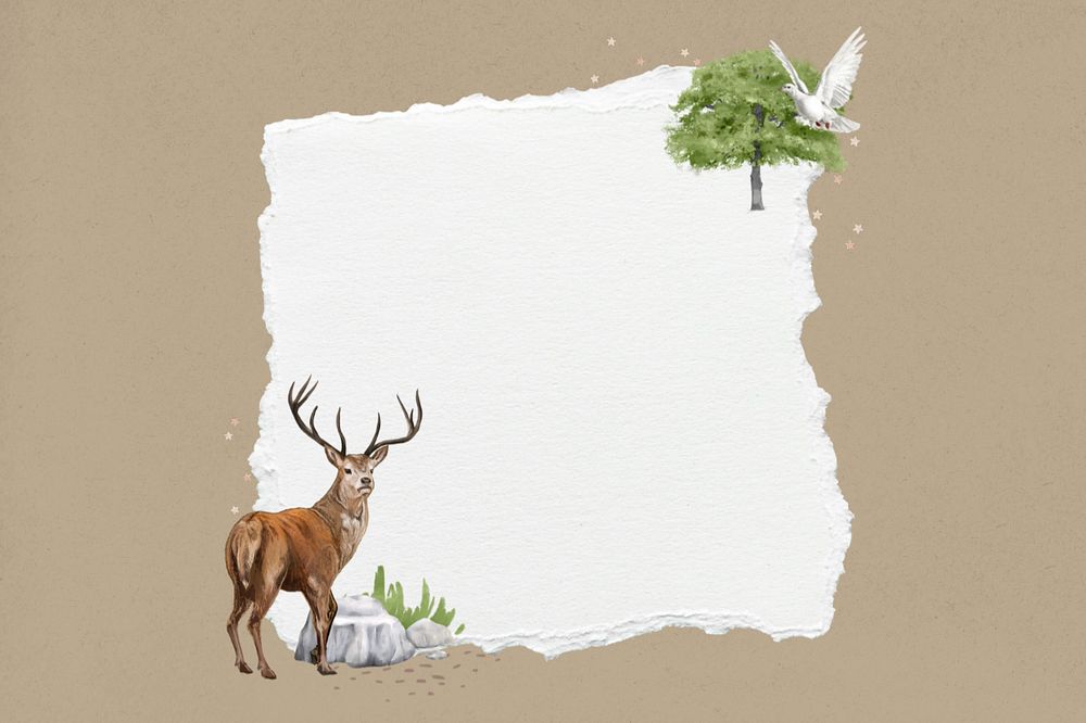 Editable off-white ripped paper, stag deer animal collage design