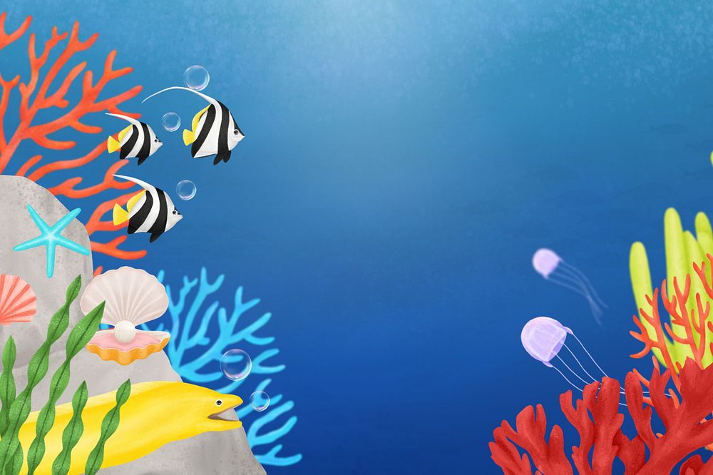 Coral reef, blue background, editable illustration border