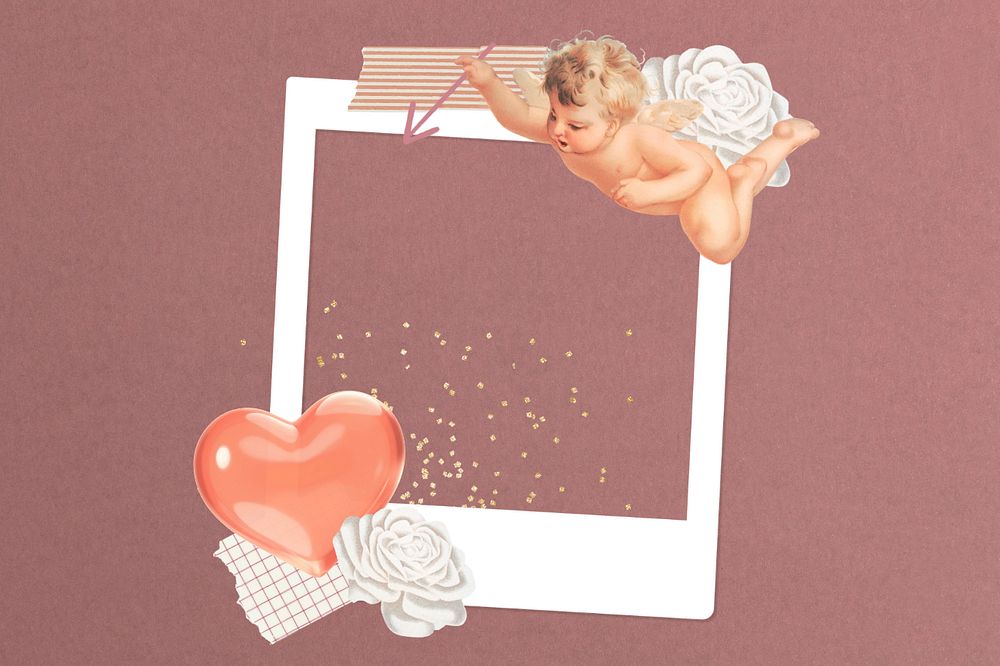 Editable Valentine's instant film frame, cupid collage element remix design