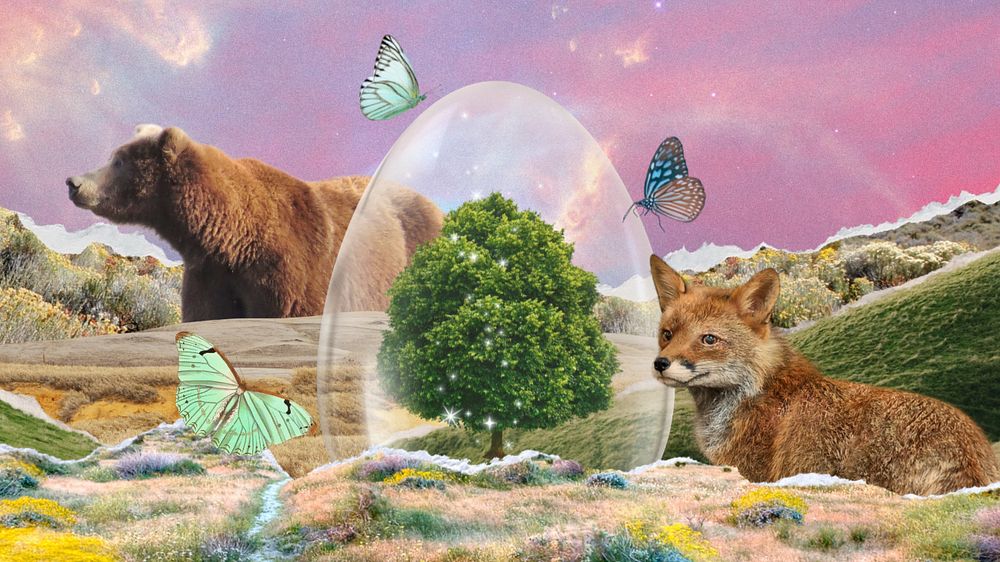 Surreal nature collage background, protected environment vector, editable design