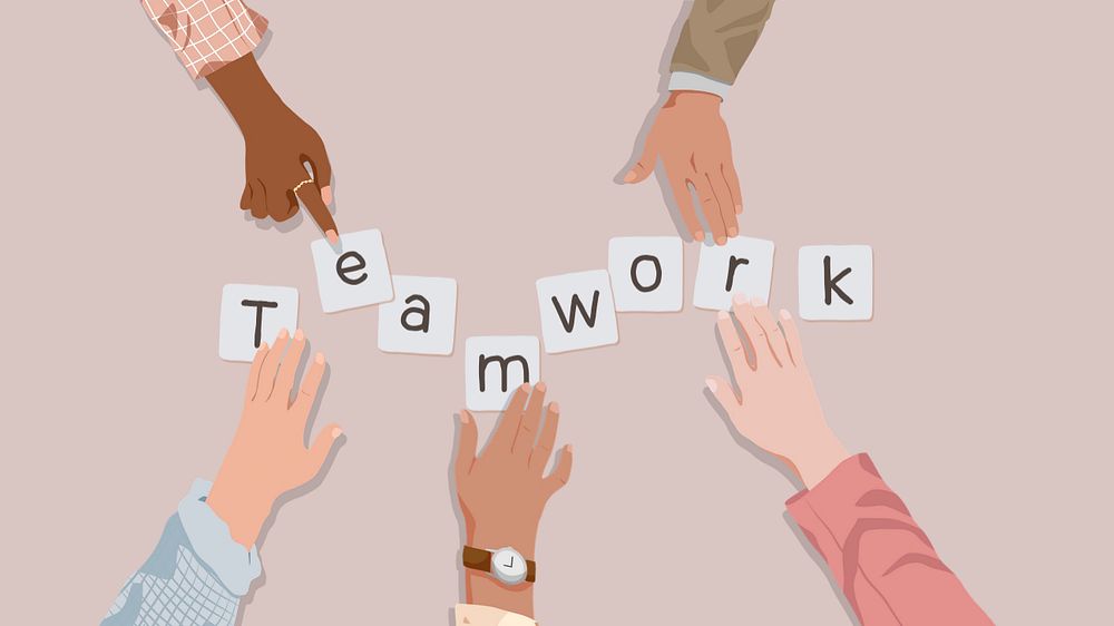 Diverse teamwork pink computer wallpaper, editable vector illustration