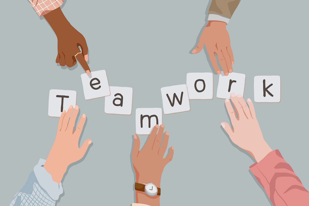 Diverse teamwork blue background, editable vector illustration