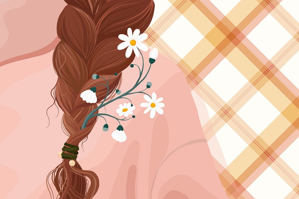 Aesthetic flower & hair, checkered background, editable feminine design