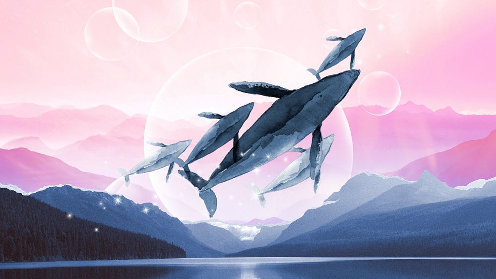 Flying whale watercolor desktop wallpaper, nature aesthetic illustration, editable design