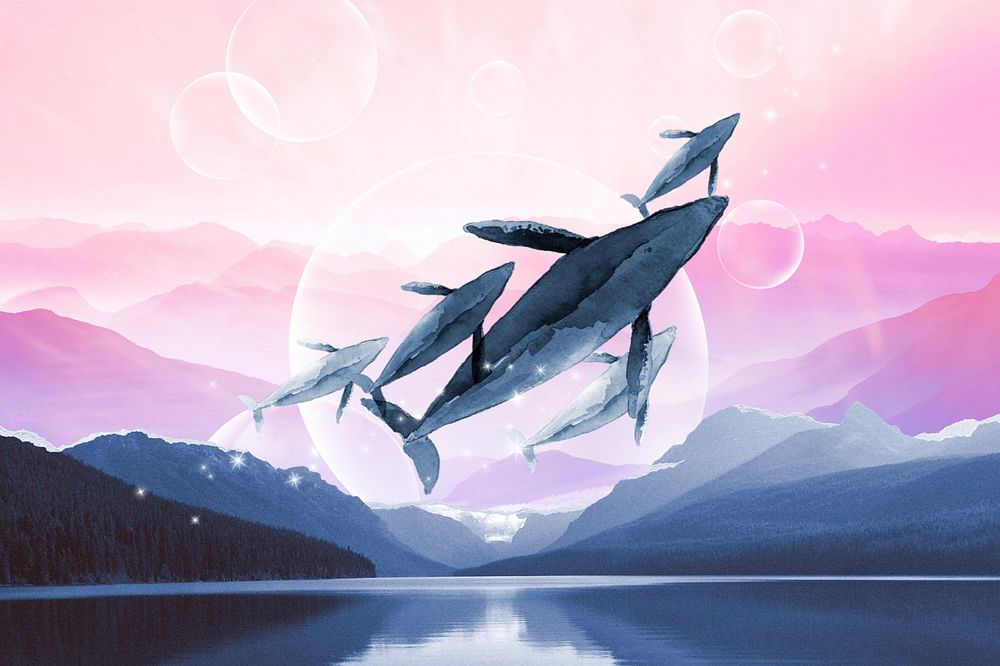 Flying whale watercolor background, nature aesthetic illustration, editable design