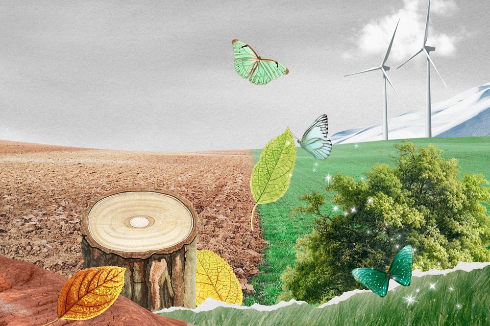 Wind turbine farm background, surreal environment remix, editable design