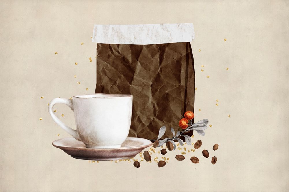 Coffee bean bag and cup, editable collage design