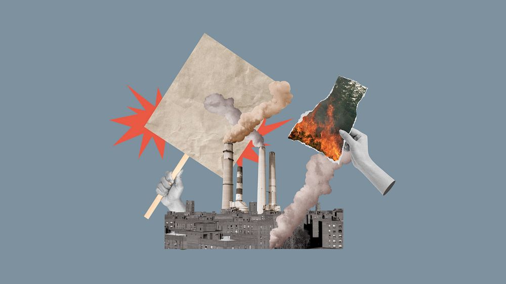 Air pollution factory desktop wallpaper, hands destroying environment remix, editable design