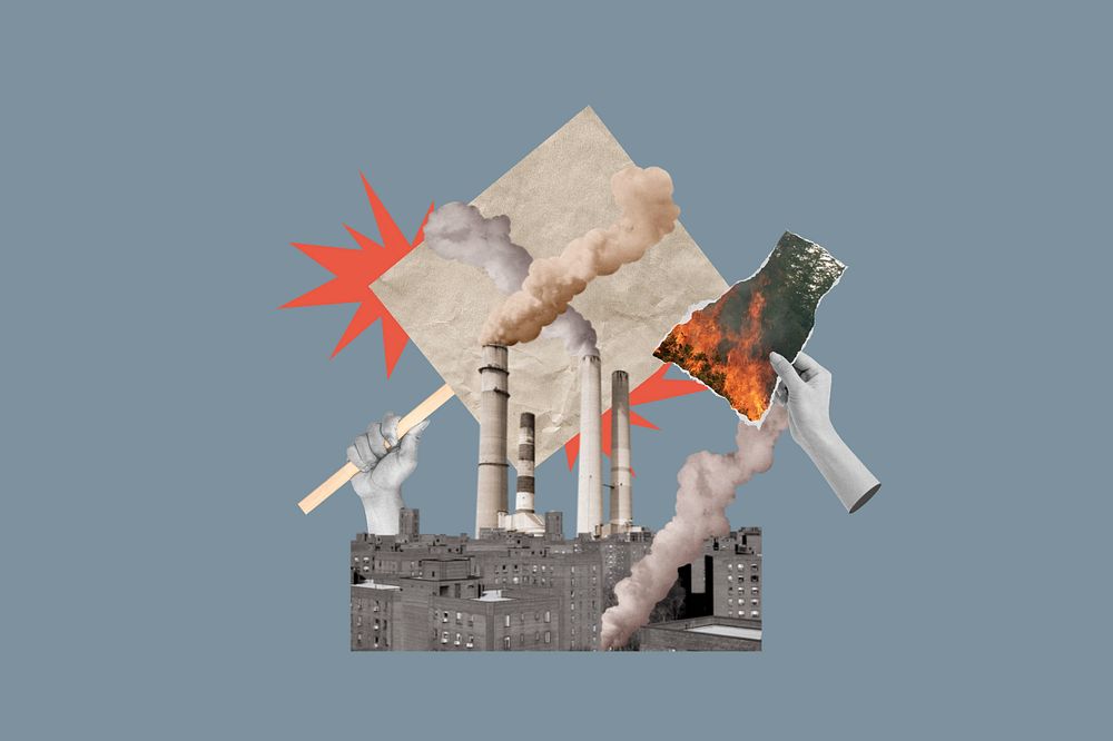 Air pollution factory background, hands destroying environment remix, editable design