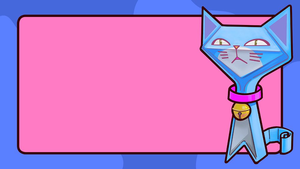 Blue frame pink computer wallpaper, editable cat cartoon border funky character design