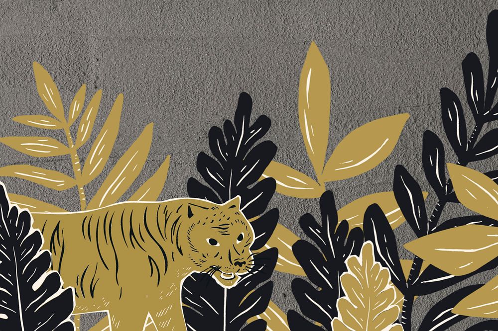 Gold tiger botanical border background, animal illustration