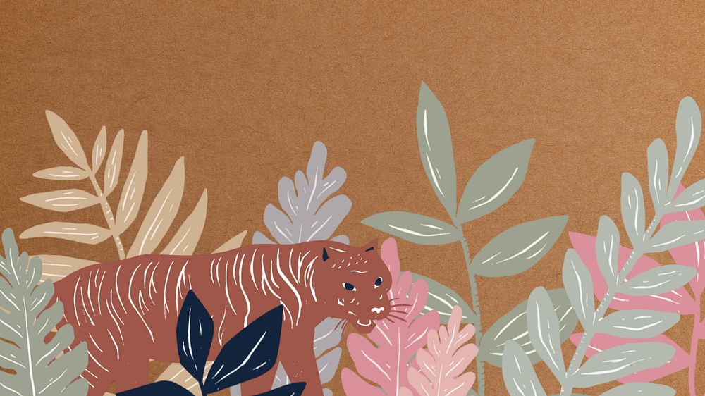 Botanical tiger brown desktop wallpaper, animal illustration