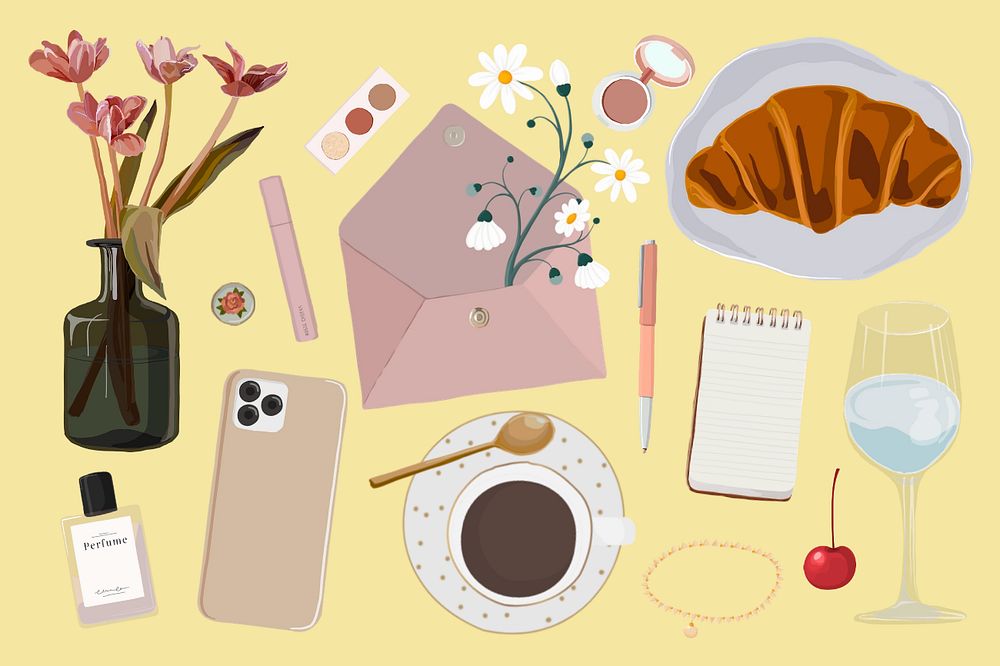 Aesthetic cafe objects, feminine background, editable design