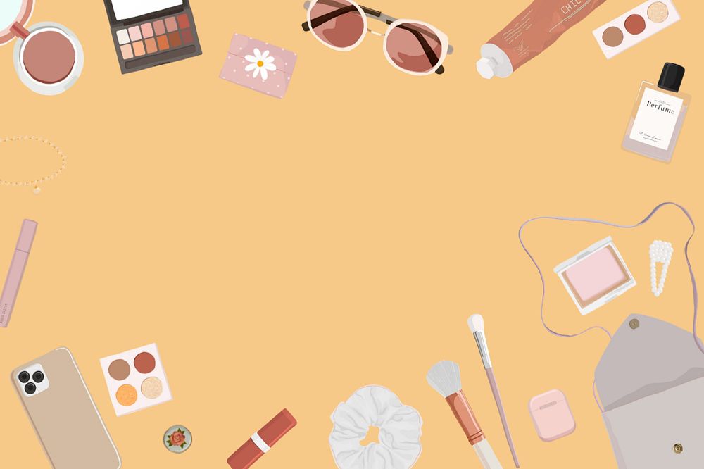 Makeup objects, feminine yellow background, editable aesthetic design