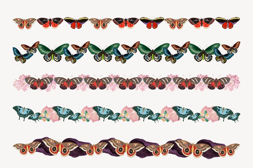 Vintage butterfly pattern border sticker set, editable design