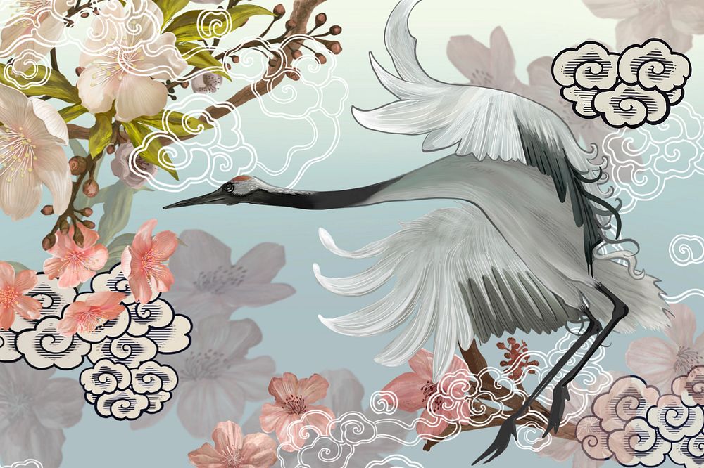 Flying Japanese crane background, traditional animal illustration, editable design