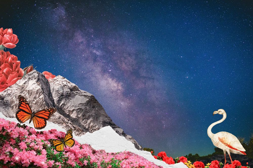 Aesthetic starry sky background, mountains border remix, editable design