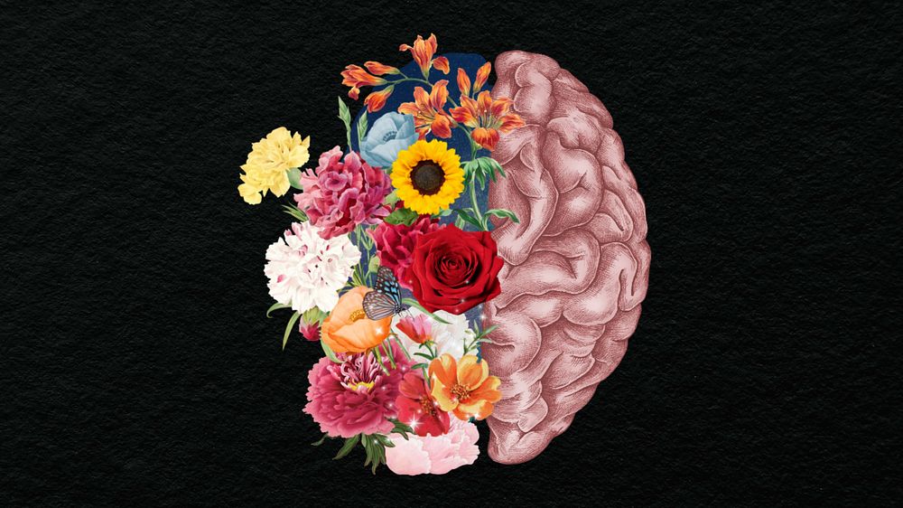 Floral human brain desktop wallpaper, surreal mental health remix background, editable design