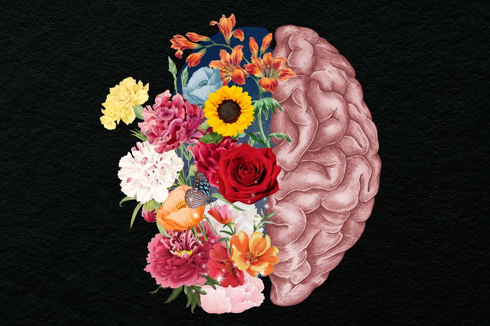 Floral human brain, surreal mental health remix, editable design