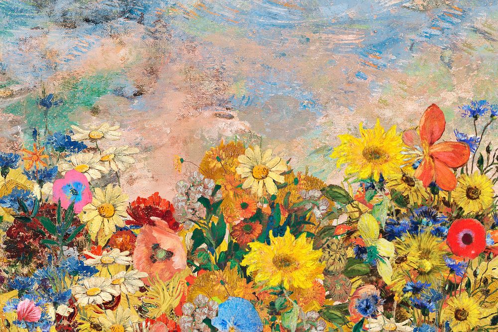 Odilon Redon's flower border background, remixed by rawpixel