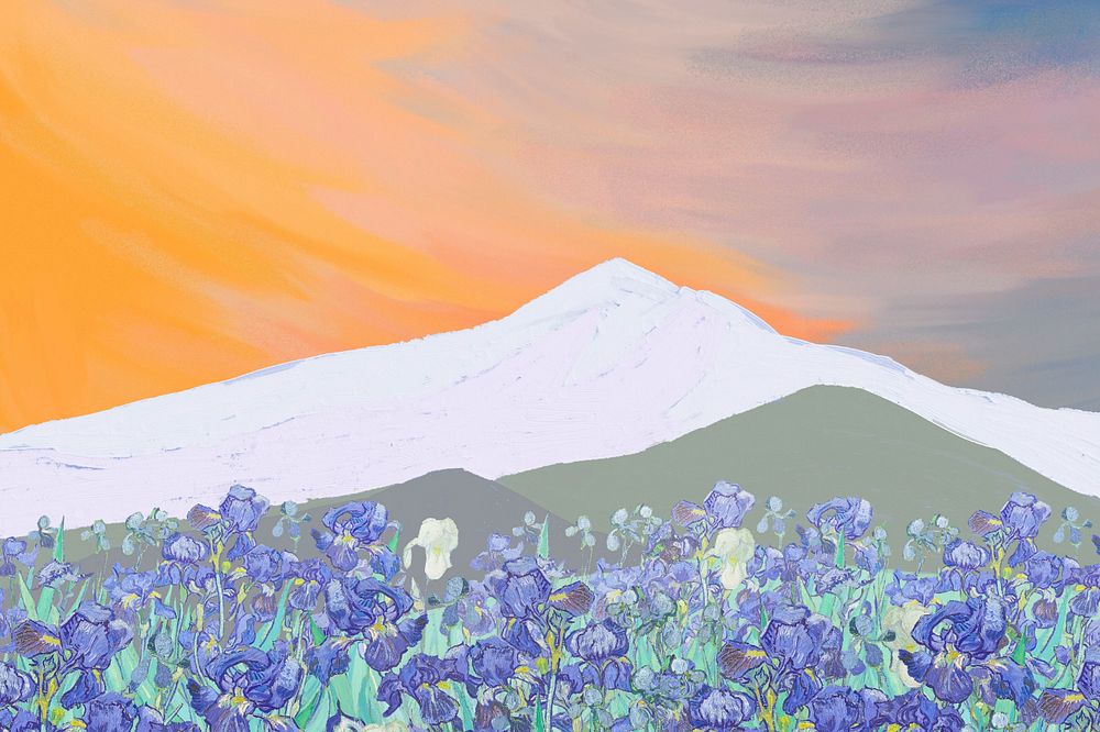 Mountain & Van Gogh's irises background, remixed by rawpixel