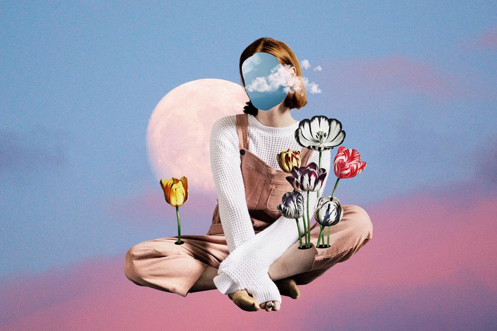 Faceless woman with flowers, surreal collage art, editable design