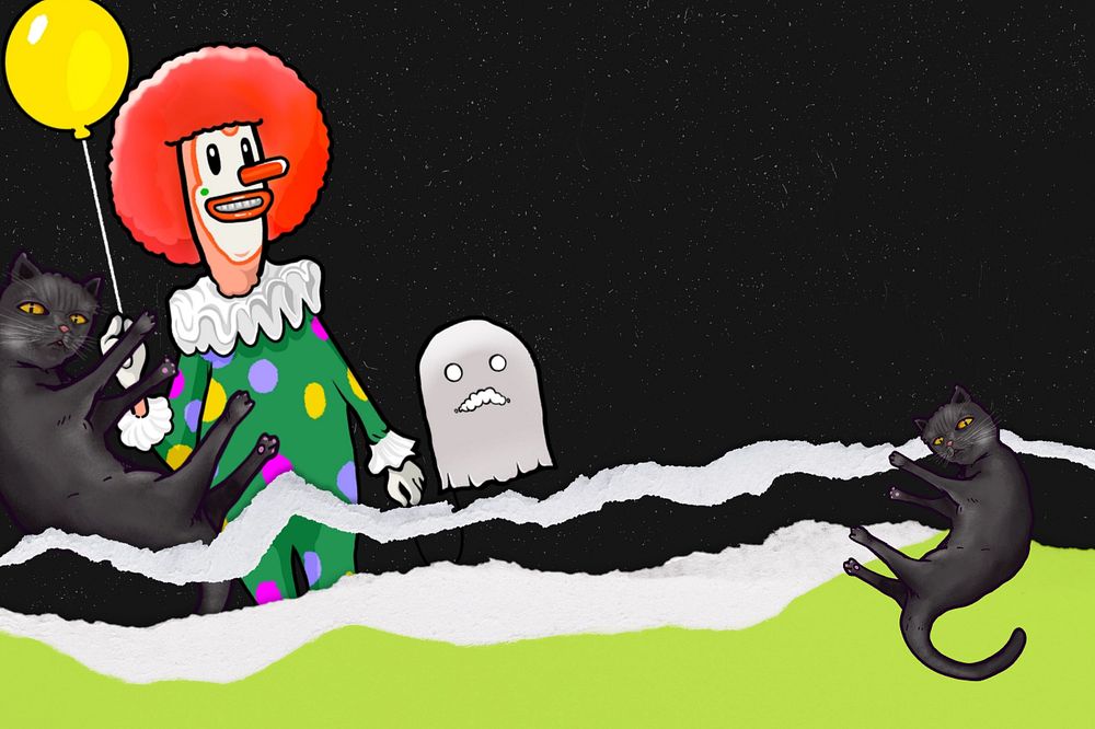 Funky Halloween background, editable clown holding balloon design