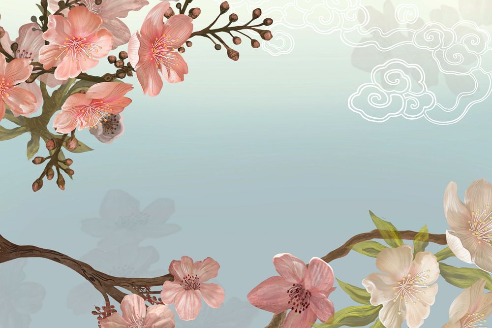 Japanese Sakura aesthetic background, traditional flower border, editable design