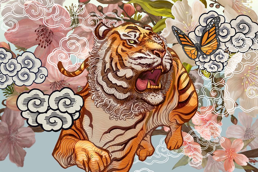 Japanese roaring tiger background, vintage animal illustration, editable design