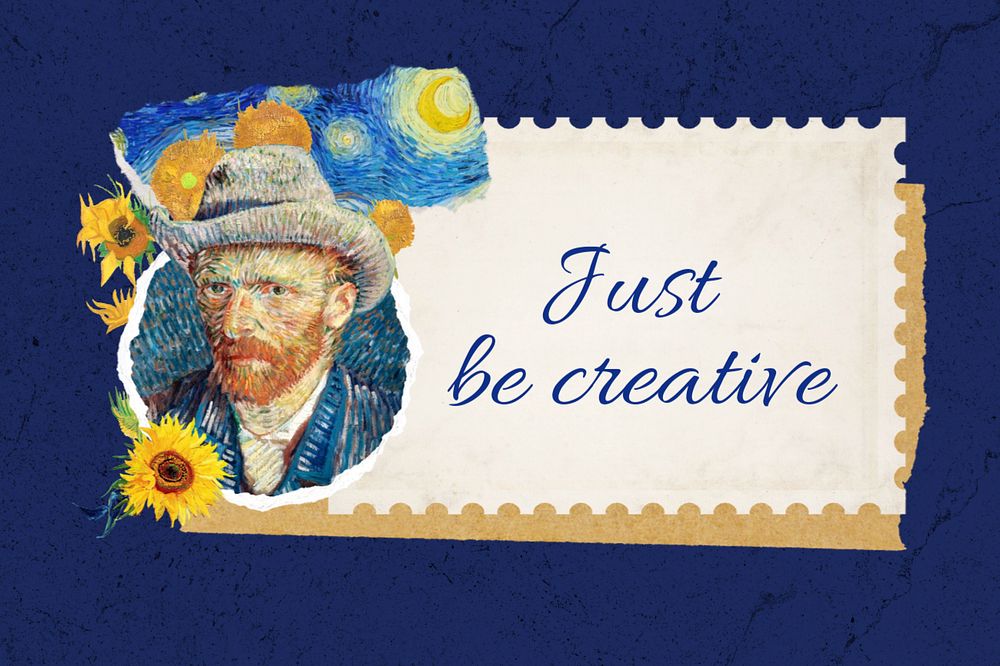 Van Gogh's self-portrait postage stamp, editable just be creative text design, remixed by rawpixel