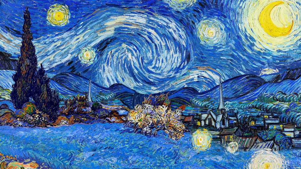 Starry Night desktop wallpaper, Van Gogh's artwork. Remixed by rawpixel.