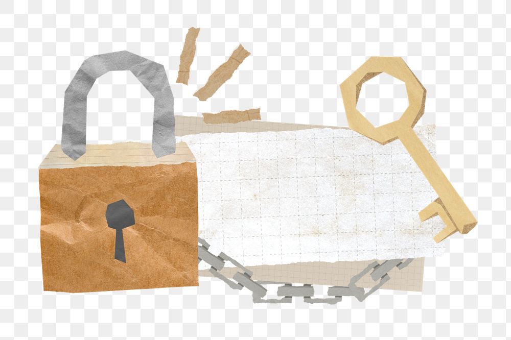 Lock and key png, ripped paper remix, editable design