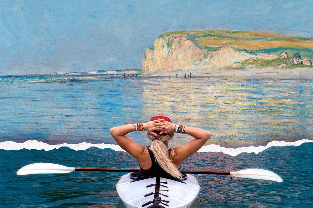 Kayaking woman background, Monet art remix. Remixed by rawpixel.