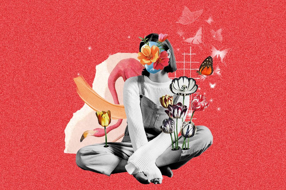 Faceless woman with flowers, surreal collage art, editable design