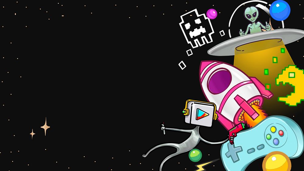 Funky space gaming desktop wallpaper, editable funky character design