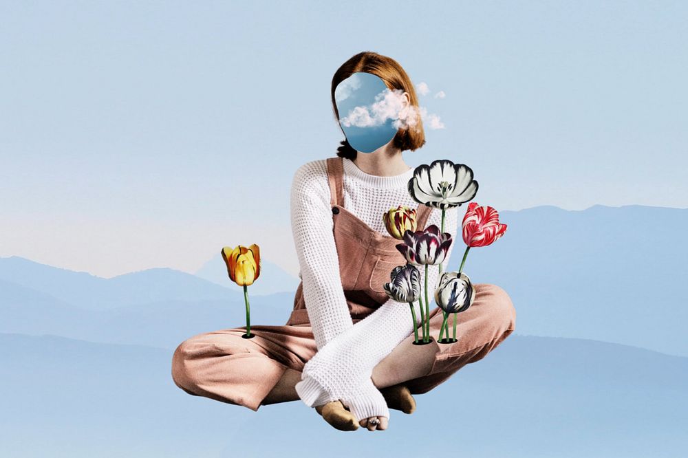 Faceless woman with flowers, surreal collage art, editable design