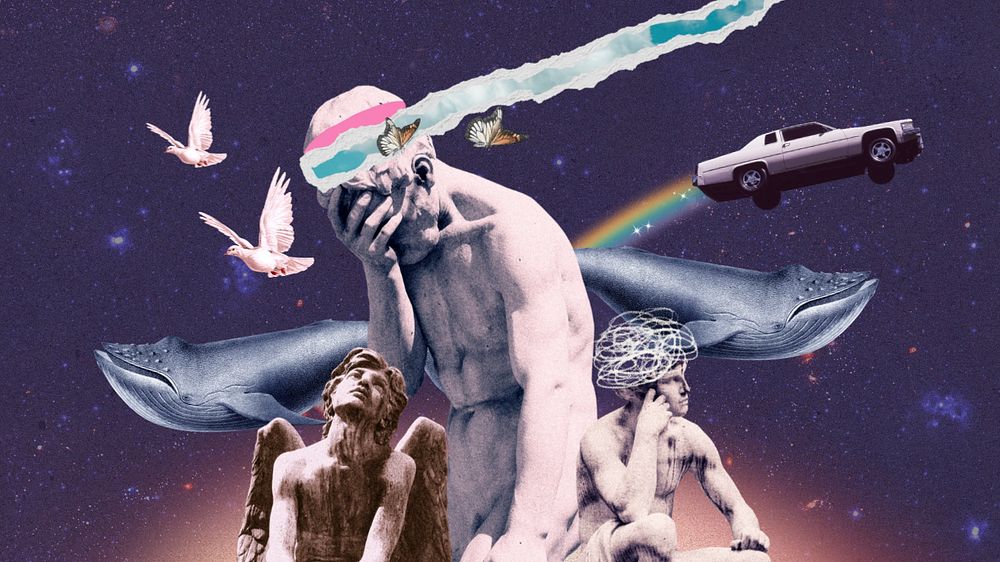 Surreal Greek God computer wallpaper, flying whale remix background, editable design