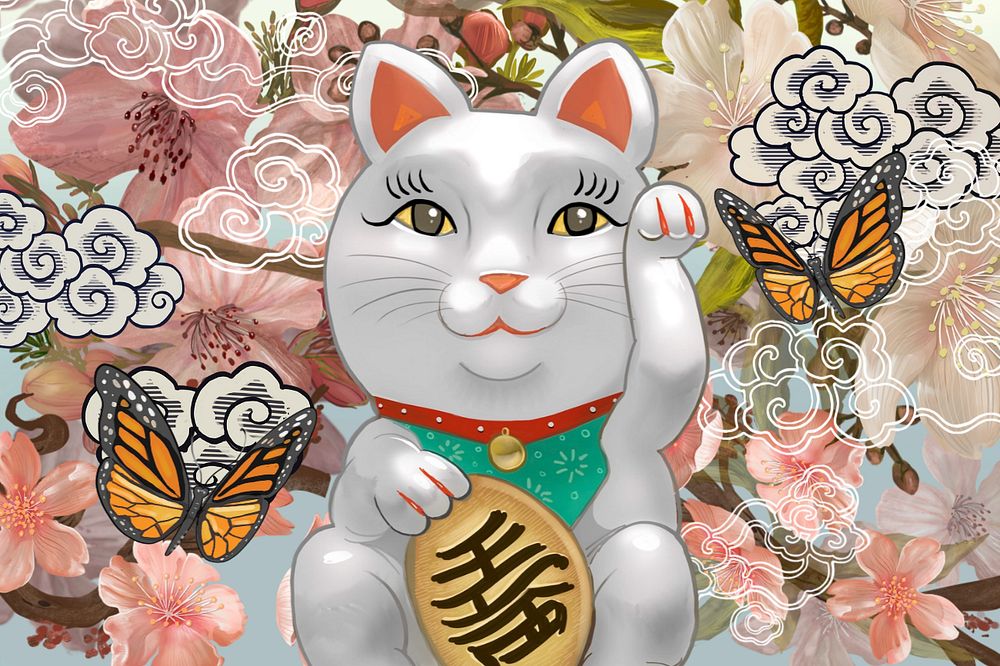 Japanese waving cat background, Maneki Neko figure, editable design