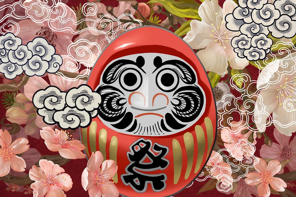 Japanese Daruma doll background, vintage traditional illustration, editable design