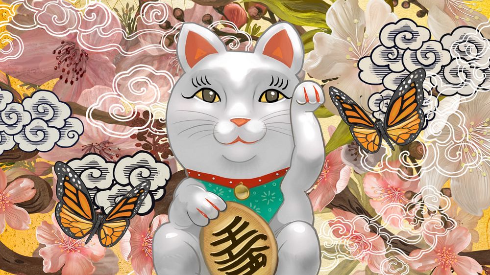 Japanese waving cat computer wallpaper, Maneki Neko figure, editable design