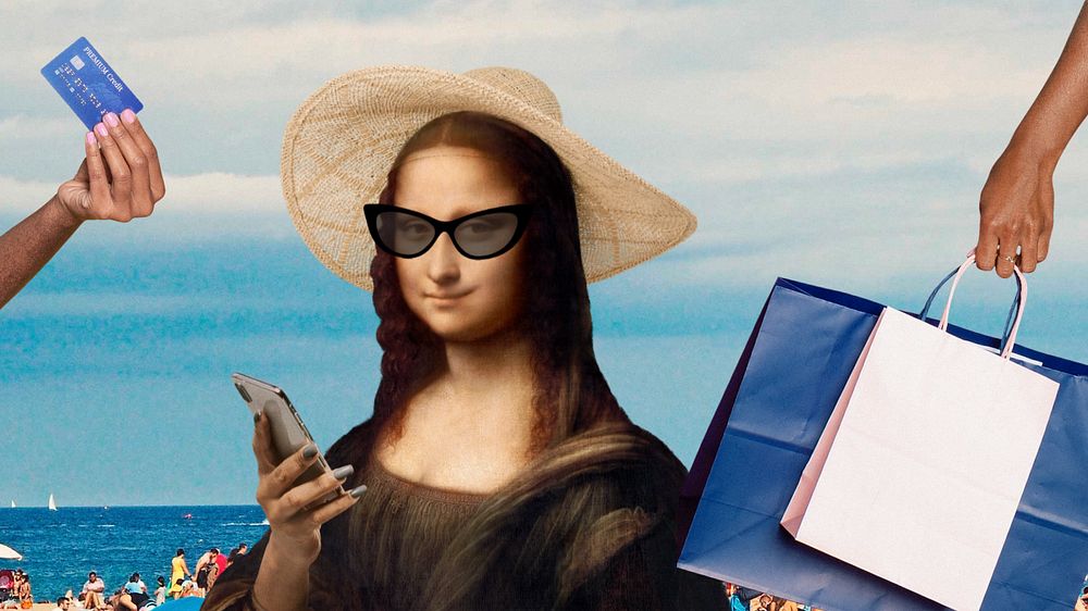 Mona Lisa shopping desktop wallpaper. Remixed by rawpixel.