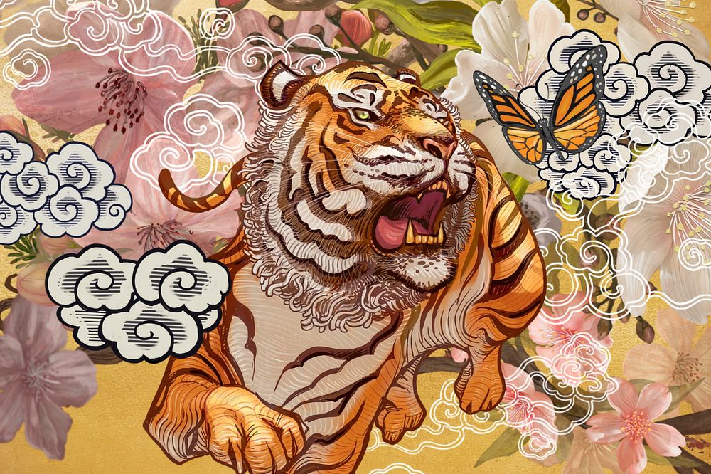 Japanese roaring tiger background, vintage animal illustration, editable design