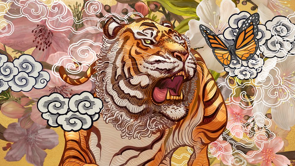 Japanese roaring tiger computer wallpaper, vintage animal illustration, editable design