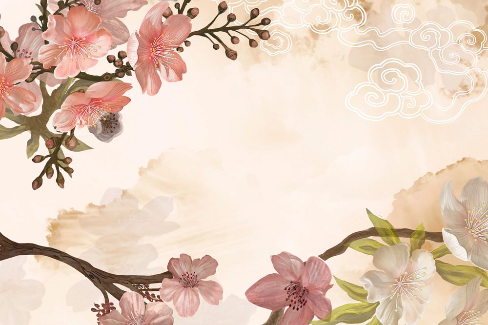 Japanese Sakura aesthetic background, traditional flower border, editable design