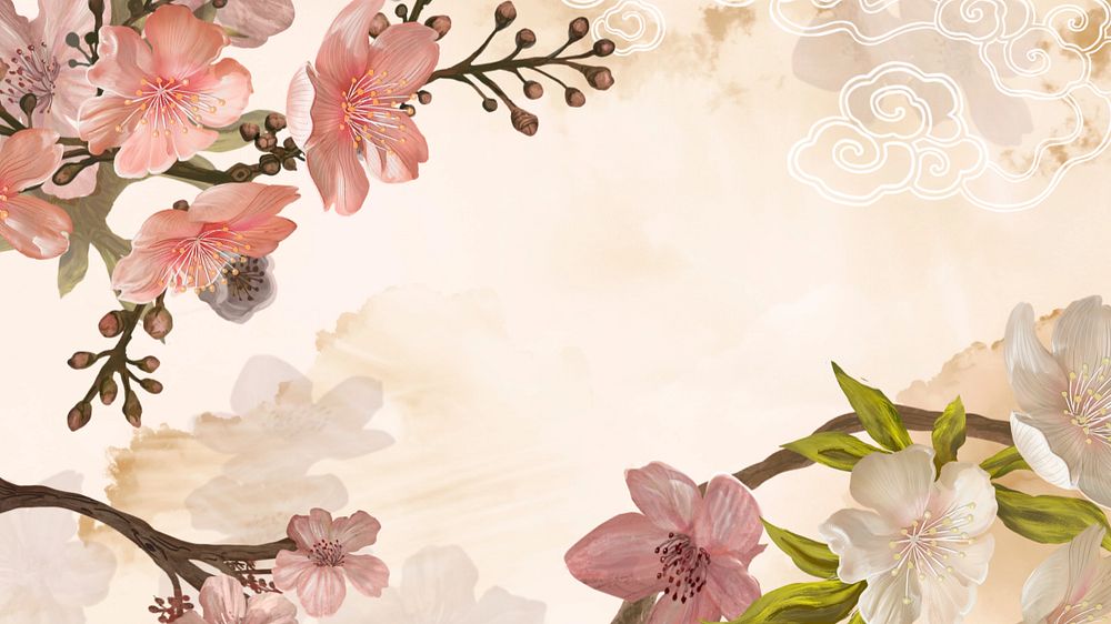 Japanese sakura aesthetic desktop wallpaper, traditional flower border background, editable design