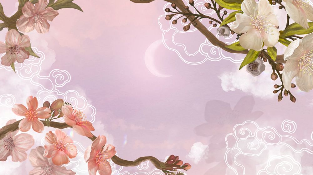 Japanese sakura aesthetic desktop wallpaper, traditional flower border background, editable design