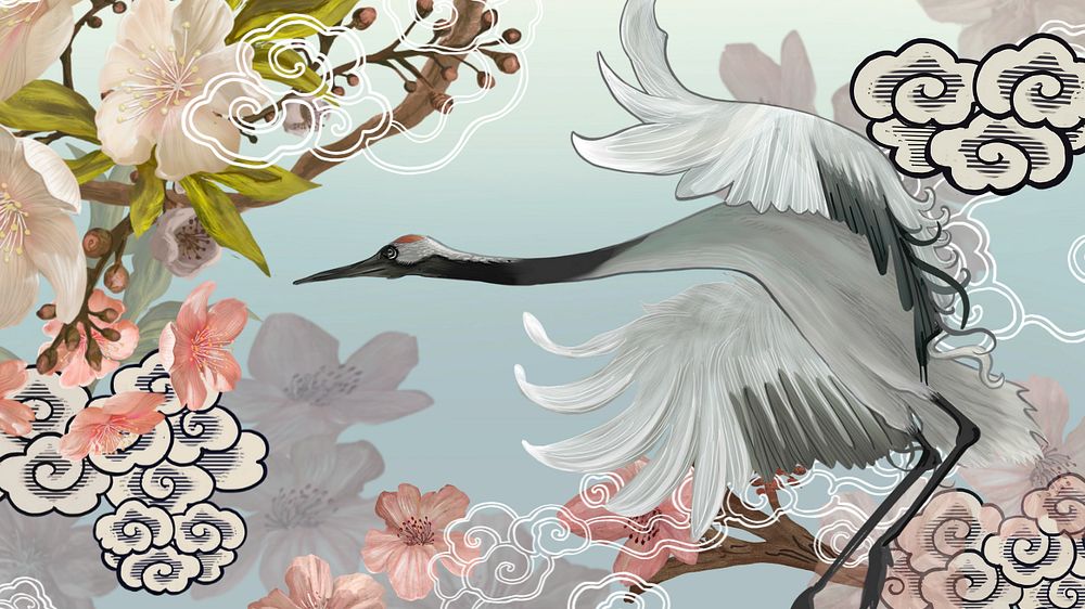 Flying Japanese crane computer wallpaper, traditional animal illustration, editable design