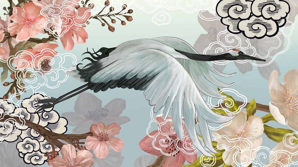 Flying Japanese crane computer wallpaper, traditional animal illustration, editable design